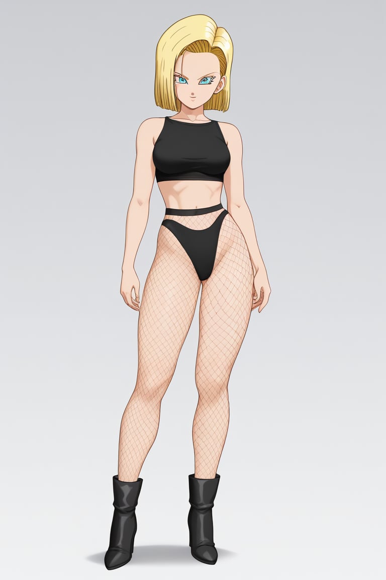 full body, 1girl, standing, Android18 style, brown hight heel boots, by Akira Toriyama, she has blond hair and blue eyes, She's holding a dragon ball in her hand, perfect body, beautiful body, miniskirt, black crop top, fishnets, jewerly, beautiful legs