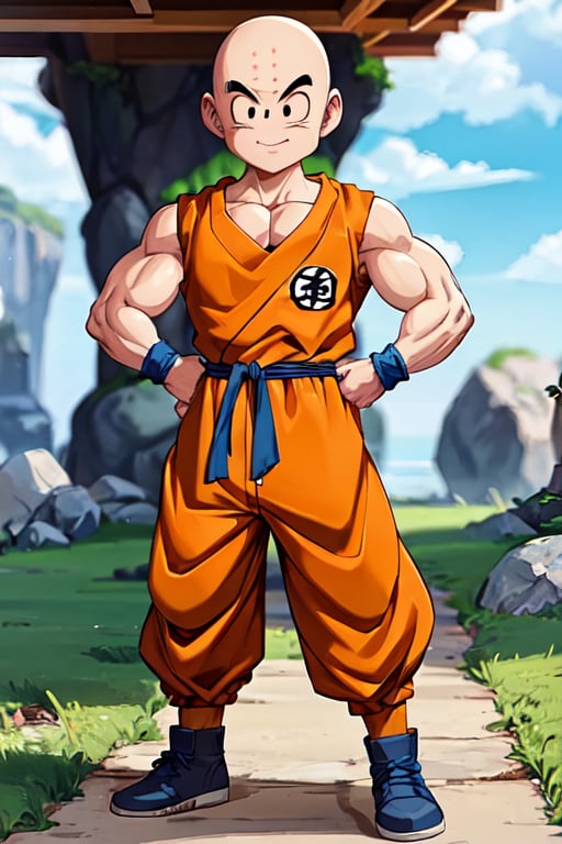 full body, (8k, best quality, masterpiece:1.2), (finely detailed),krillin, 1boy,male focus,muscular male, solo, (bald), black eyes, orange dougi, looking at viewer,orange pants, blue sash,forehead mark, no nose,no sclera, rocky grassfields,(sleeveless), light smile,patch, blue wristbands,(masterpiece),scenery, shoes