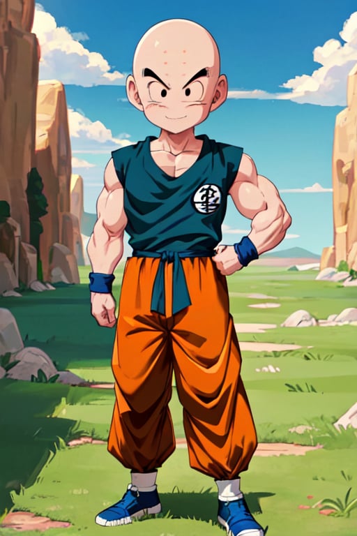 full body, (8k, best quality, masterpiece:1.2), (finely detailed),krillin, 1boy,male focus,muscular male, solo, (bald), black eyes, orange dougi, looking at viewer,orange pants, blue sash,forehead mark, no nose,no sclera, rocky grassfields,(sleeveless), light smile,patch, blue wristbands,(masterpiece),scenery