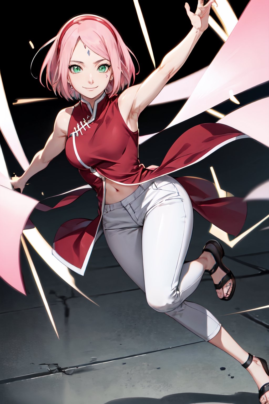 (masterpiece), best quality, expressive eyes, perfect face, looking at viewer, front view, medium shot, haruno sakura, red sleeveless dress, white pants, red hairband, forehead mark, short hair, pink hair, green eyes, navel, medium breasts, smile, konoha, full body, complete body,