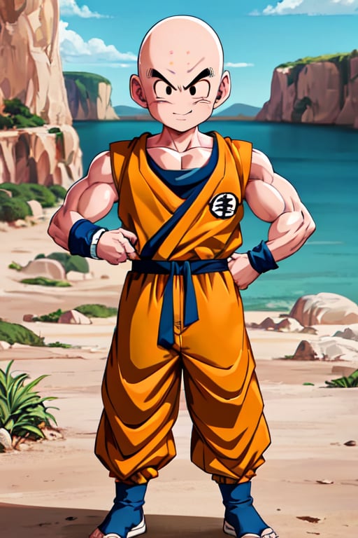 full body, (8k, best quality, masterpiece:1.2), (finely detailed),krillin, 1boy,male focus,muscular male, solo, (bald), black eyes, orange dougi, looking at viewer,orange pants, blue sash,forehead mark, no nose,no sclera, rocky grassfields,(sleeveless), light smile,patch, blue wristbands,(masterpiece),scenery