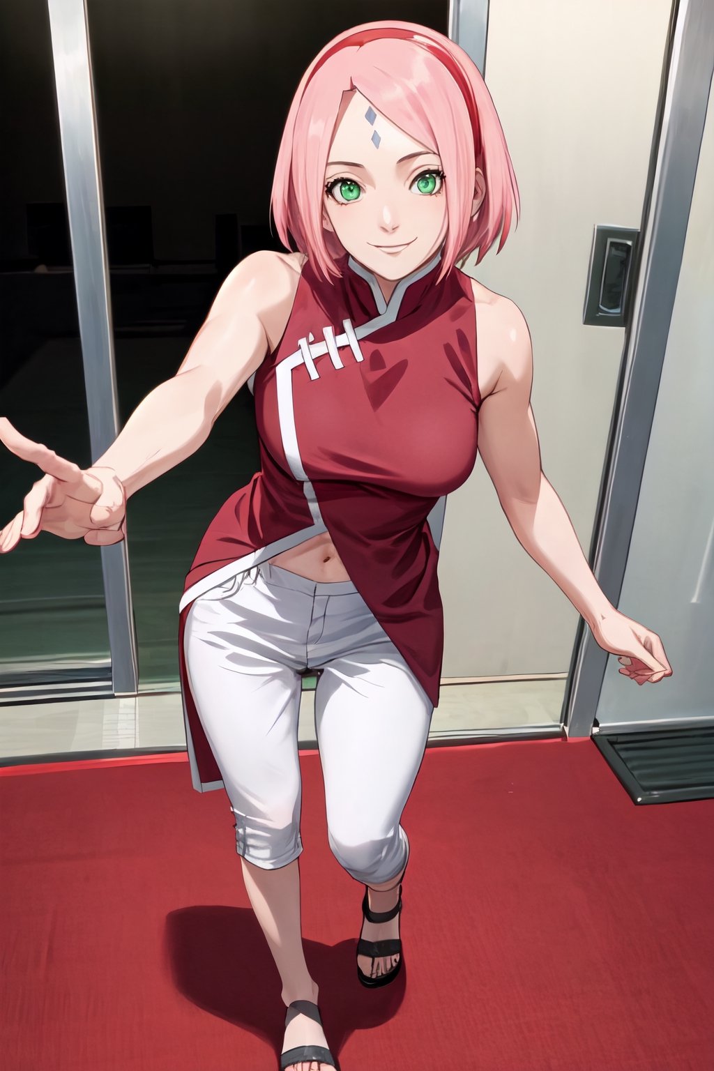 (masterpiece), best quality, expressive eyes, perfect face, looking at viewer, front view, medium shot, haruno sakura, red sleeveless dress, white pants, red hairband, forehead mark, short hair, pink hair, green eyes, navel, medium breasts, smile, konoha, full body, complete body,