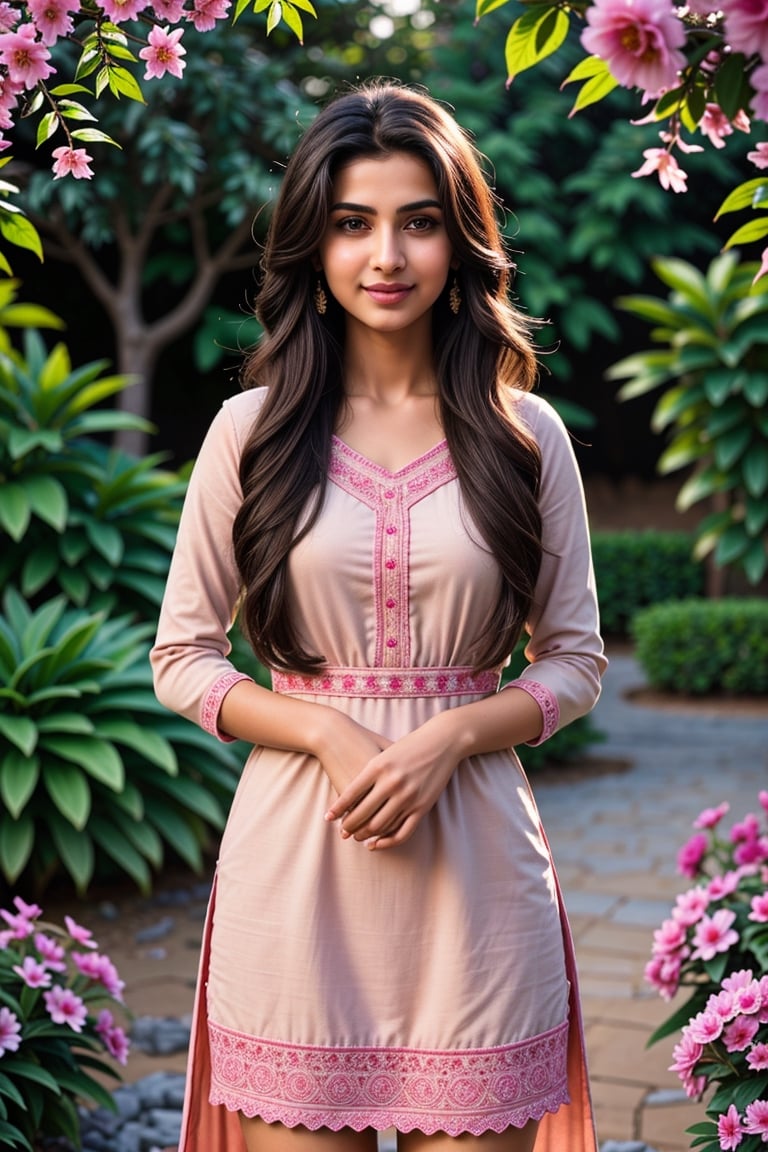 (ultra-detailed,highres,masterpiece:1.2), realistic,Kashmira Pardesi,14 years old innocent girl,Indian,Kashmira Pardesi,punjabi girl,pure white skin,slim figure body, long black hair, beautiful detailed eyes, beautiful detailed lips, beautiful detailed salwar kameez, expression of confidence and intelligence, standing in a vibrant garden with blooming flowers, warm sunlight casting soft lights,serene atmosphere,magical pink hue,subtle lens flare,fireflies,Extremely Realistic,real hand,more detail ,Kashmira Pardesi,Perfect Anything,Realistic