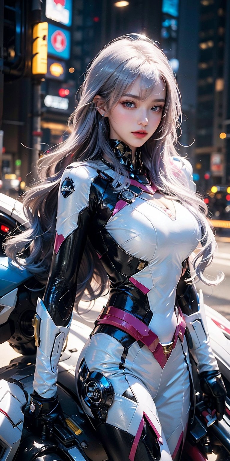 Best picture quality, high resolution, 8k, realistic, sharp focus, realistic image of elegant lady, Korean beauty, supermodel, pure white hair, blue eyes, wearing high-tech cyberpunk style blue Batgirl suit, radiant Glow, sparkling suit, mecha, perfectly customized high-tech suit, ice theme, custom design, 1 girl,mecha