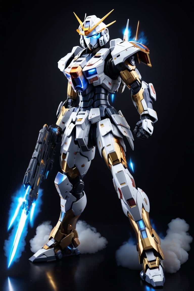 Studio background,cute style, gundam armor ,cyborg style,heavy armor , heavy weapon , details armor,rocket launcher,4k ,Astral gold flame ,heavy sword,heavy cybord sword,slash action, electricity surrounded, fighting_stance , military cyborg backpack, cyborg heavy armor.