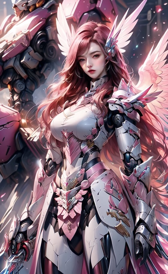 (masterpiece, best quality:1.2), Character design, ((1 girl, solo)), warrior of xian, slim body, medium chest, skinny waist, ((long deep red hair)). blue eyes. (((pink fantasy armor a female knight in a pink full armor))), (((big pauldrons, intricate details))), (((large armor wings))), (((advanced weapon fantasy plasma sword in right hand))), (standing), plain gray background, masterpiece, HD high quality, 8K ultra high definition, ultra definition,1 girl,Masterpiece,mecha, cyborg, metal,