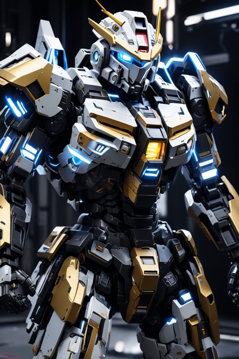 Studio background , gundam armor ,cyborg style,heavy armor , heavy weapon , details armor , 4k ,heavy sword , heavy cybord sword , electricity surrounded , fighting_stance , military cyborg backpack, cyborg heavy armor ,very heavy armor , black gold body colour , sparkling electric surrounded effect , cyborg tank , mirror background ,flying ,titanfall game style, 