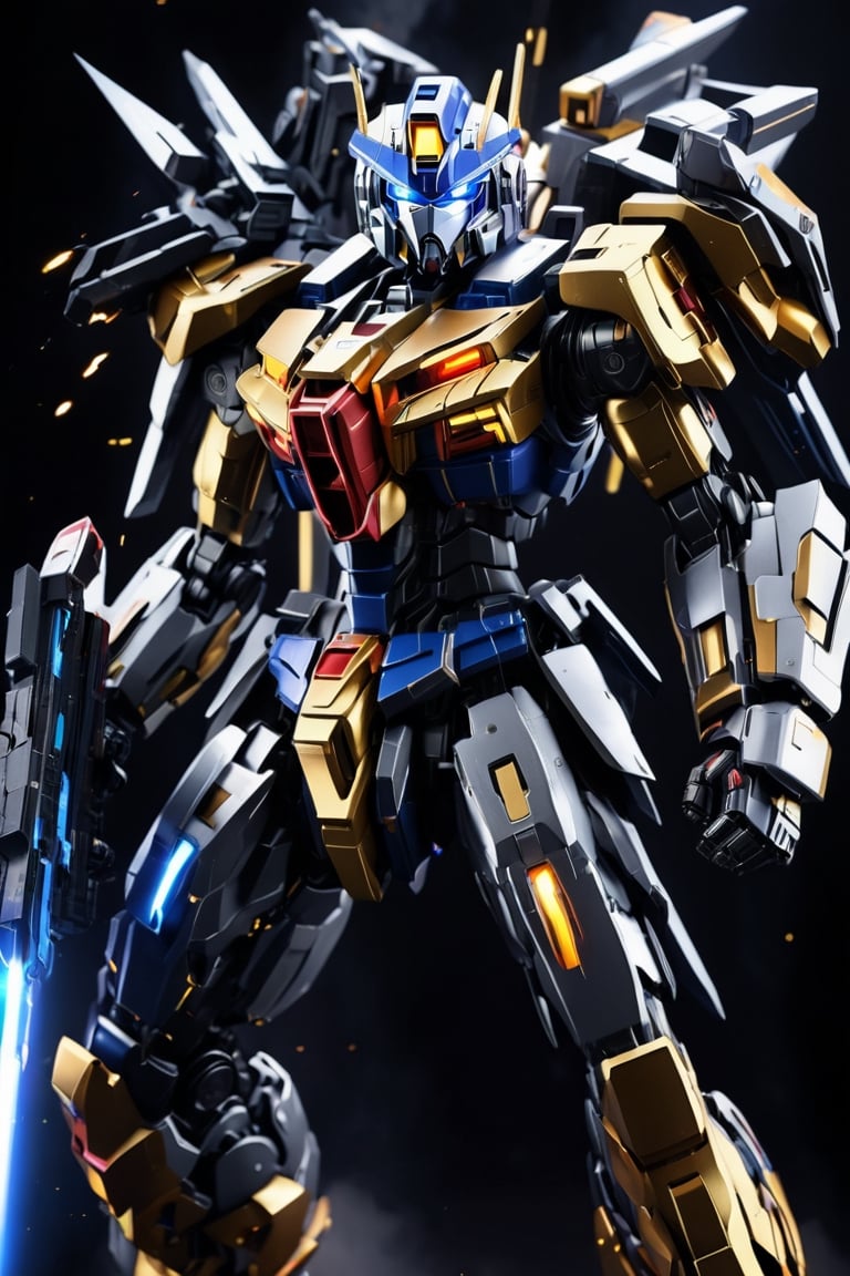Studio background,cute style, gundam armor ,cyborg style,heavy armor , heavy weapon , details armor,rocket launcher,4k ,Astral gold flame ,heavy sword,heavy cybord sword,slash action, electricity surrounded, fighting_stance , military cyborg backpack, cyborg heavy armor ,very heavy armor , optimus prime style , black gold colour , sparkling electric surrounded effect , 
