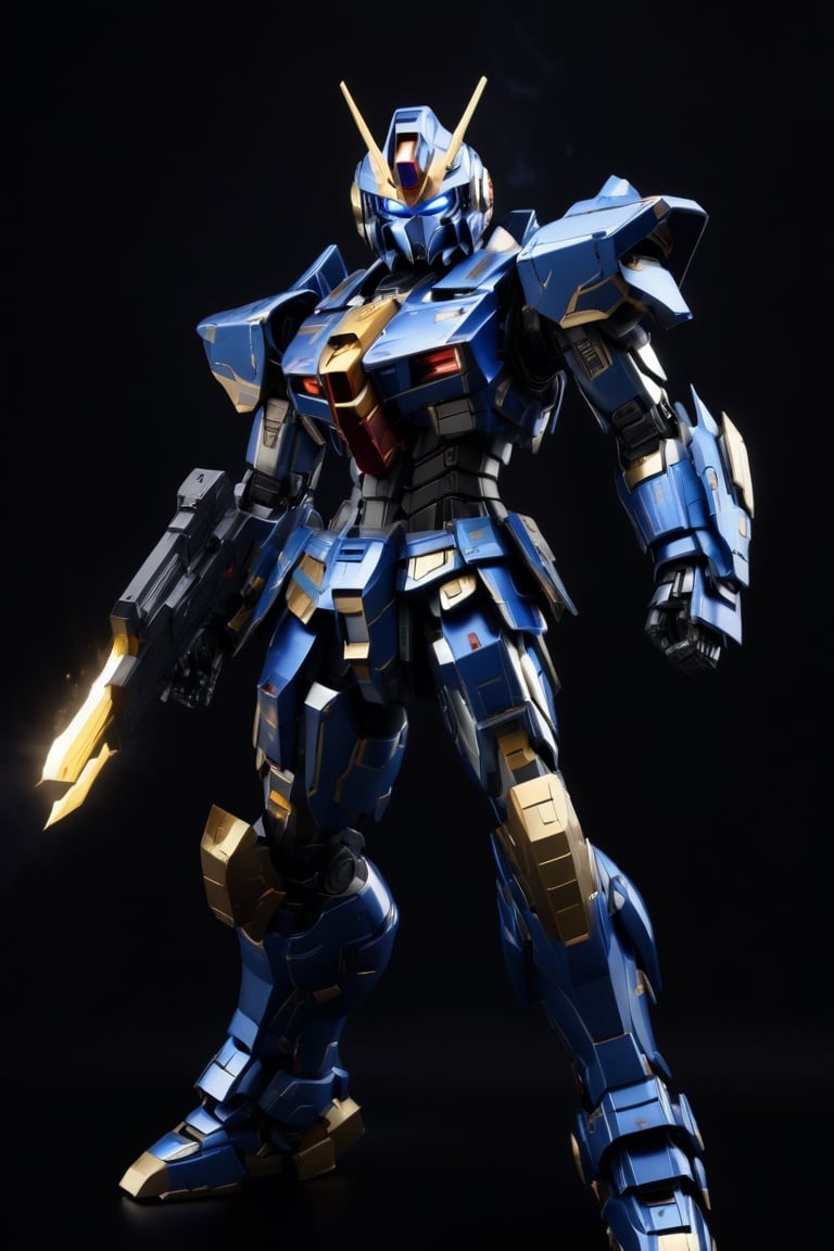 Studio background,cute style, gundam armor ,cyborg style,heavy armor , heavy weapon , details armor,rocket launcher,4k ,Astral gold flame ,heavy sword,heavy cybord sword,slash action, electricity surrounded, fighting_stance , military cyborg backpack, cyborg heavy armor ,very heavy armor , optimus prime style , black gold colour , sparkling electric surrounded, 