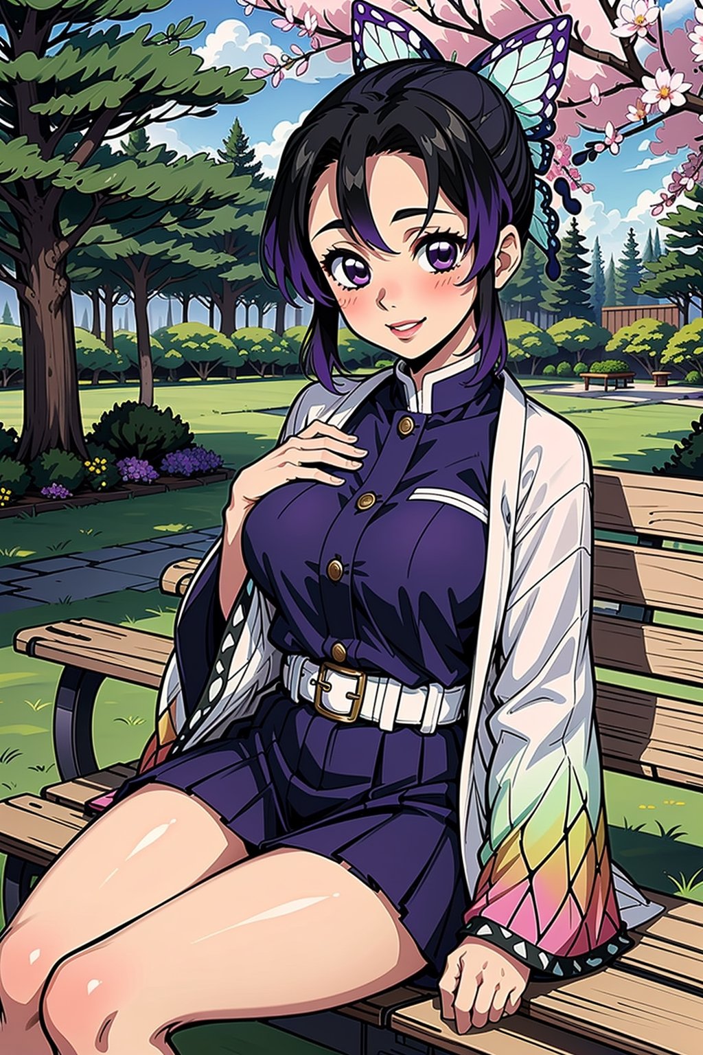 1girl, solo, breasts, looking at viewer, blush, smile, short hair, bangs, skirt, large breasts, black hair, hair ornament, long sleeves, medium breasts, sitting, purple eyes, jacket, purple hair, sidelocks, multicolored hair, pleated skirt, outdoors, parted lips, japanese clothes, day, belt, miniskirt, wide sleeves, two-tone hair, tree, lips, parted bangs, gradient hair, purple skirt, butterfly hair ornament, bench, haori, white belt, demon slayer uniform, kochou shinobu