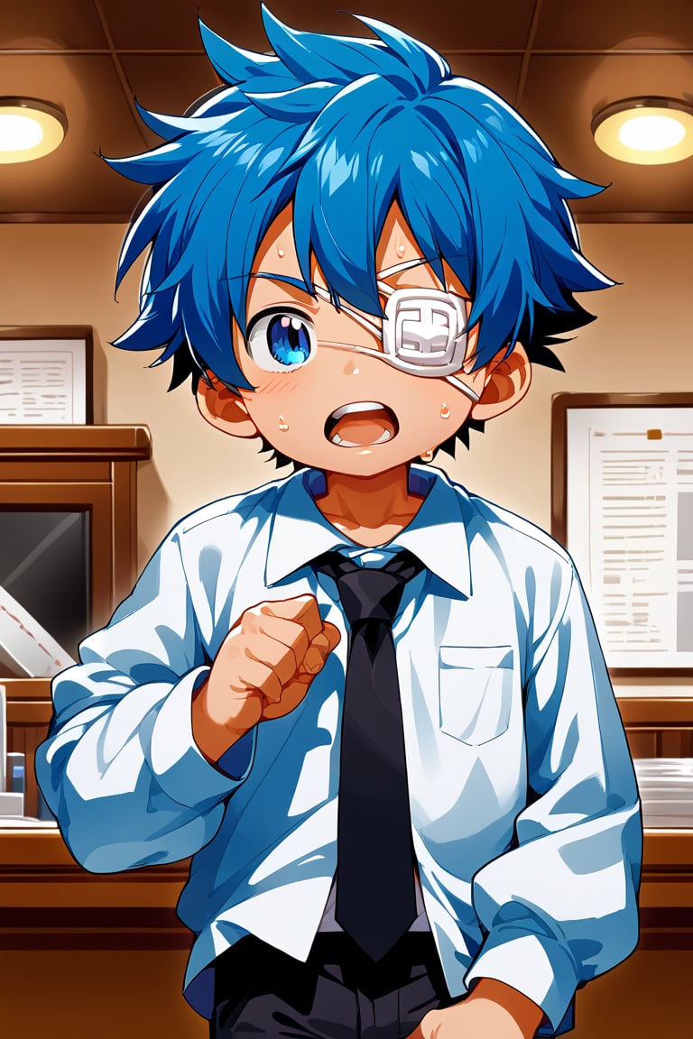 solo, open mouth, shirt, one boy, blue hair, male focus, sweat, tie, teeth, collared shirt, pants, indoors, black pants, eyepatch, formal, suit, short spiked hair, black tie , Roll up your sleeves, Chronos, Shota