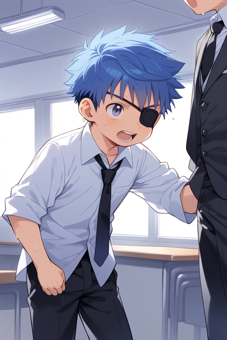 solo, open mouth, shirt, one boy, blue hair, male focus, sweat, tie, teeth, collared shirt, pants, indoors, black pants, eyepatch, formal, suit, short spiked hair, black tie , Roll up your sleeves, Chronos, Shota