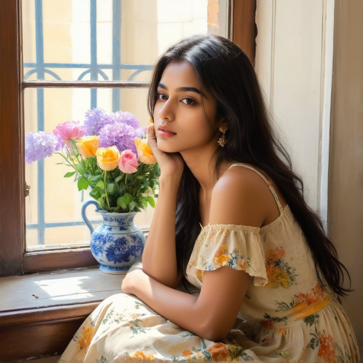 lovely cute young attractive indian teenage girl,  18 years old, cute, an Attractive model having attractive slim sexy figure, long black_hair,
oil painting of a beautiful girl in a summer dress sitting by a window holding flowers, in the style of richly detailed impressionist paintings, Claude Monet, delicate brushstrokes, light amber, soft tones, I can't believe how beautiful this is, --ar 1:2 --stylize 750
