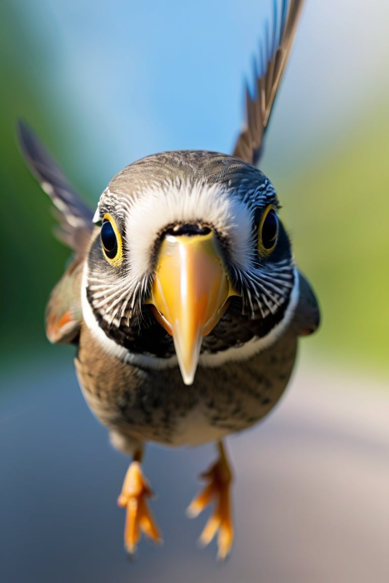 8K, UHD, perspective macro shot, photo-realistic, bird flying approaching camera (head-on:1.1) centered, looking straight, perfect lighting, speed movements, slow shutter speed, motion blur