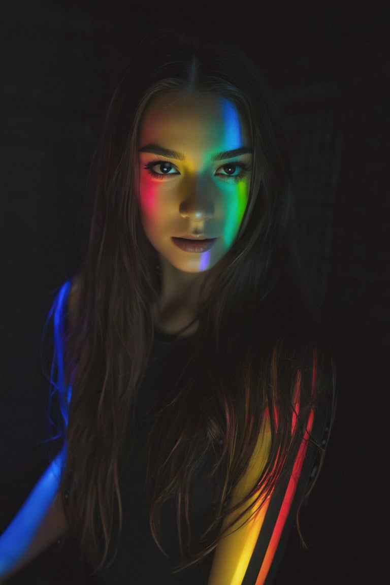 8K, UHD, medium format shot, photo-realistic, cinematic, slow exposure rainbow lights, totally dark indoor environment, minimal lighting, portrait of pretty model girl in fully dark room with no light. all black environment, all black walls, cast with colourful gobo light projection on face, illuminate face only, multi colourful straight parallel rows of light rainbow reflect on face, partial face in ultra dark shadow, 