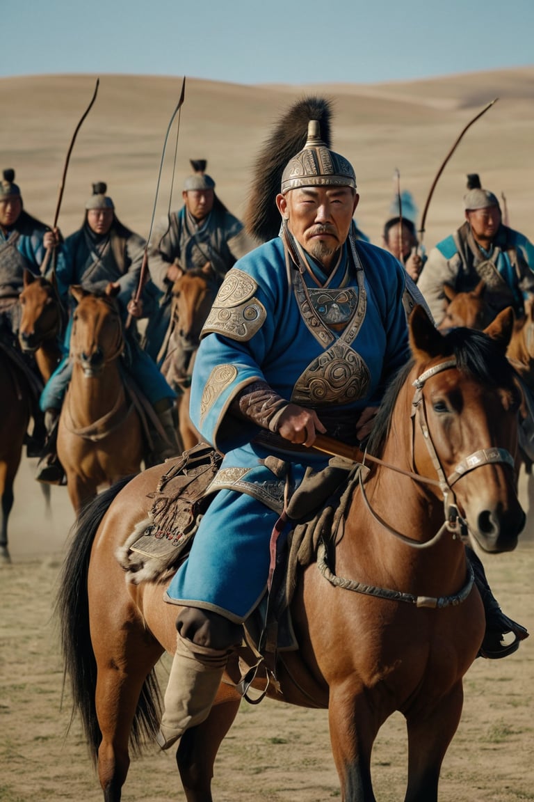 8K, UHD, panaromic shot, photo-realistic, cinematic, dark light, dystopian lighting, photo of ancient mongolians, old man, multiple mongol warriors, tanned skin, perfect composition, detailed intricate ancient mongolian fashion, fighters shooting bows and arrows, swords, war scene, battle, detailed patterned headwear, fur, riding horses, sand volumetric, masterpiece, tents, charging on horses, gobi desert.