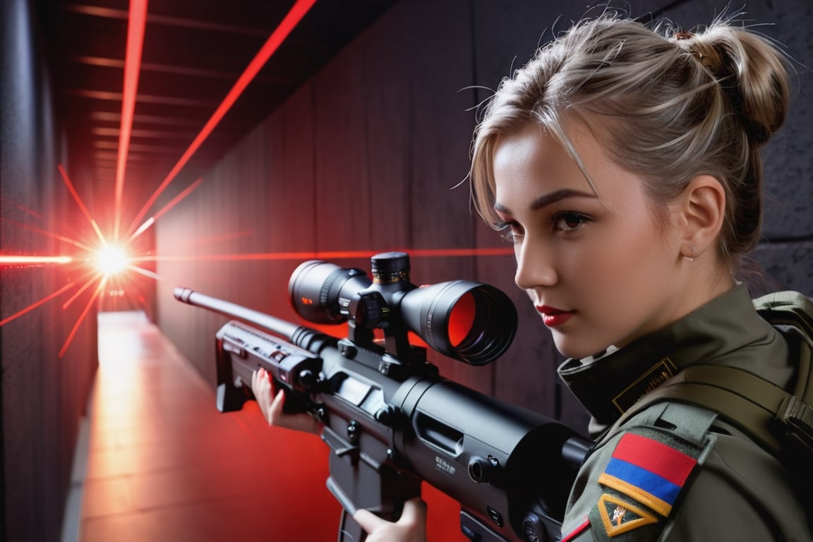 8k uhd, dslr, high quality, film grain, Fujifilm XT3,  (girl aiming a sniper rifle:1.3), bullets flying, short gray hair, black paramilitary uniform, dark wall interiors, (Hall with a large amount of red laser streaks:1.1),(corridor with A lot of lasers criss-crossing:1.1) (Hallway with random red laser streaks:1.1), massive explosions,(photorealistic photo: 1.1), vivid colors, bokeh, warm color palette, dramatic lighting, no smile