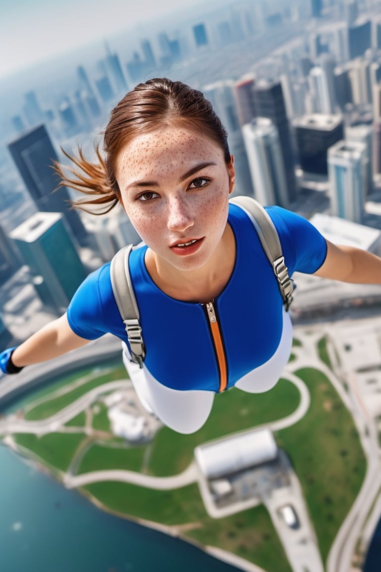 8K, UHD, wide aerial view, photo-realistic,  detailed freckled face, best quality, attractive girl skydiver, breathtaking leap backwards from skyscapers, background cityscape, xxmixgirl