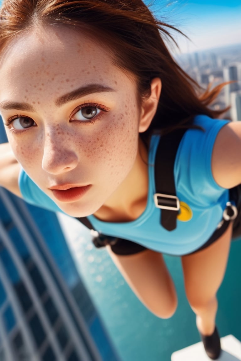 8K, UHD, wide aerial view, photo-realistic,  detailed freckled face, best quality, attractive girl skydiver, breathtaking leap backwards from skyscapers, background cityscape, xxmixgirl