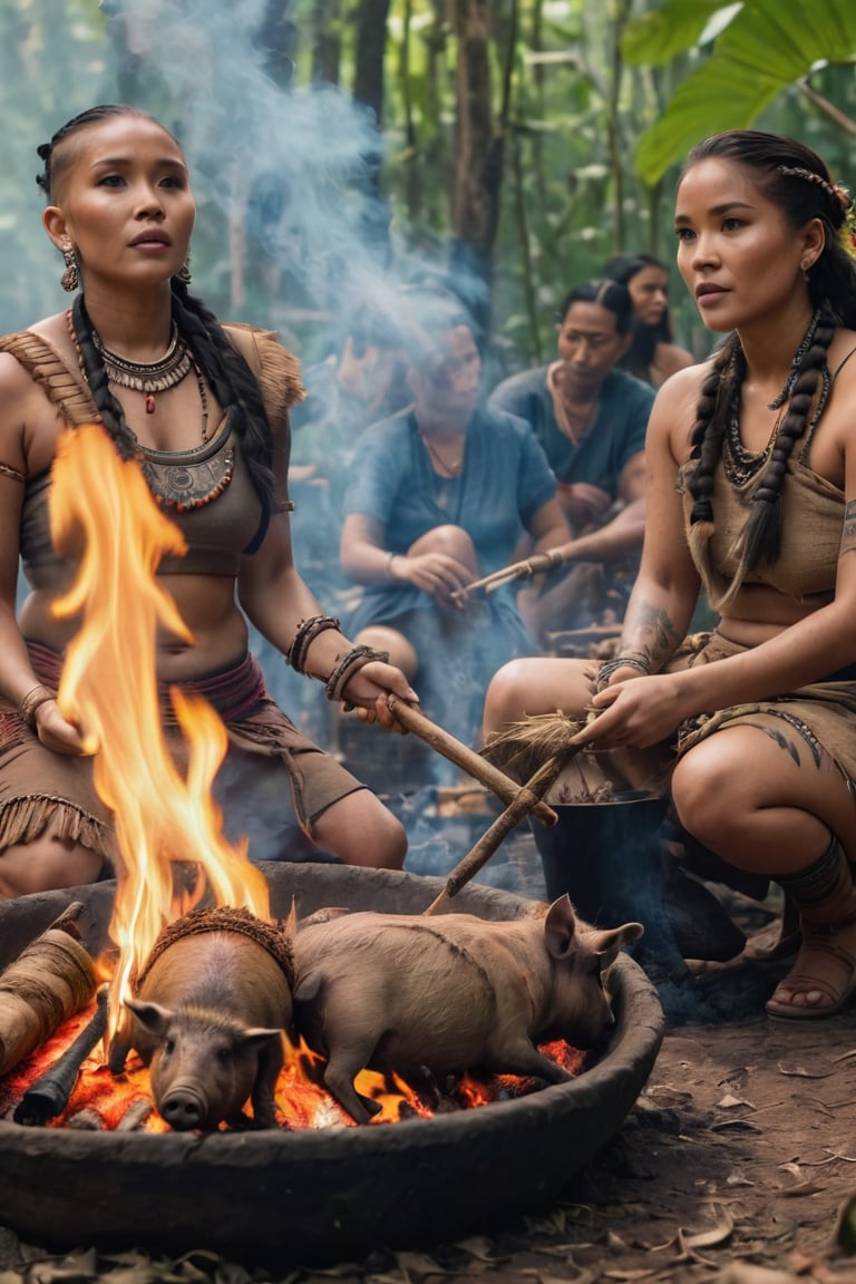 8K, UHD, full_body perspective shot, portrait, photo-realistic, cinematic, ancient mohicans civilization, multiple tribe members, female villagers roasting whole dead boar over fire, clothed, tribe village in the jungle, close to nature, perfect lighting, peaceful, tranquil, vintage photo, tattoos, dirt face, depth of field, bokeh