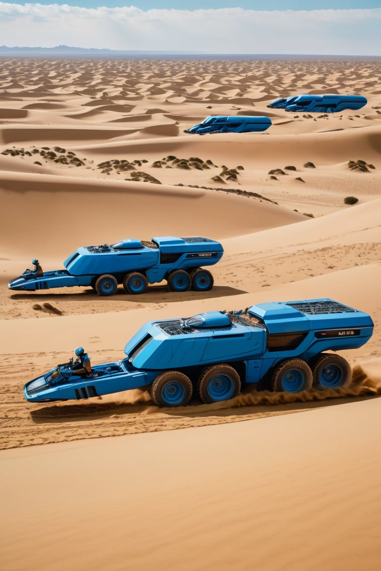 8K, UHD, low-angle perspective, panoramic, photo-realistic, cinematic, scene from dune movie, in desert, house of Atreides blue, many tall gigantic futuristic farm harvesters, flying choppers in skies