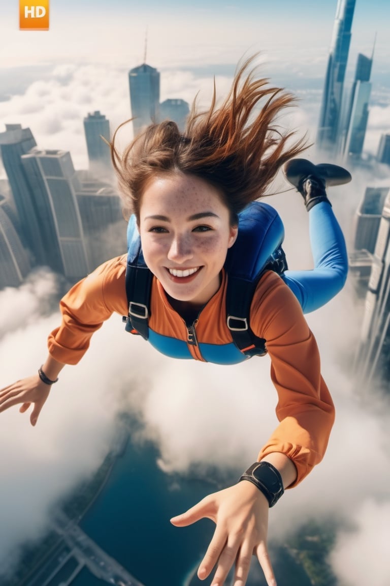 8K, UHD, wide aerial view, photo-realistic,  detailed freckled face, best quality, attractive girl skydiver, breathtaking leap backwards from skyscapers, background cityscape, 100m in the clouds, xxmixgirl