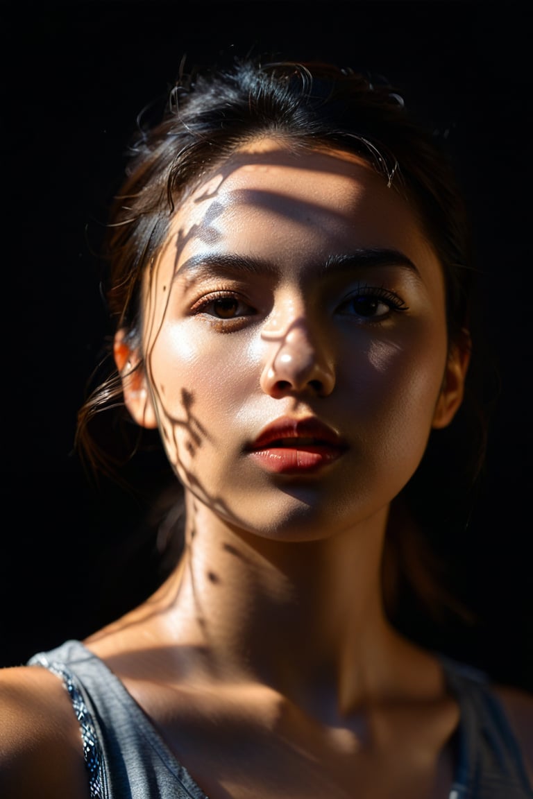 8K, UHD, Fujifilm XT1, angled perspective portraits, photo-realistic, show face only, pretty girl in front of black background, (shapes light cast on face:1.1) circular harsh natural highlights on face, intense sunlight shining through patterns template casting light shadows