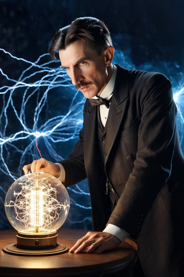 8K, UHD, wide-angle perspective, candid view, photo-realistic, realistic skin texture and natural skintone, cinematic, photo of (Nikola Tesla:1.1) experimenting with frequencies equipments, electricity sparks flying, spherical-top Wardenclyffe Towers passing electricity wirelessly, auroras in ionosphere, night skies, amazing lights, transmitting energy, old world city