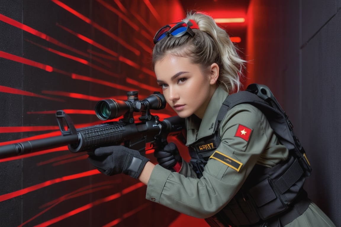 8k uhd, dslr, high quality, film grain, Fujifilm XT3,  (girl aiming a sniper rifle:1.3), bullets flying, short gray hair, black paramilitary uniform, gloves, dark wall interiors, (Hall with a large amount of red laser streaks:1.1),(corridor with A lot of lasers criss-crossing:1.1) (Hallway with random red laser streaks:1.1), massive explosions, vivid colors, bokeh, warm color palette, dramatic lighting, no smile, full-body_, prone_stance