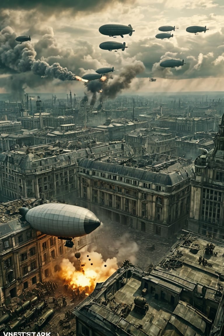 8K, UHD, panaromic perspective, photo-realistic, cinematic, german soldiers shooting at sky, first-person-view from top of building, photo of many german steampunk blimps in sky, many fighter aircrafts, volumetric cinematic dark light, vintage tinted, dystopian lighting, masterpiece, dark clouds, world war 1, perfect composition, pilot with gas mask in blimp, dystopian skies, old photograph colour, war scene, battle, nazi soldier, tall building, devastation below, demolished buildings, multiple explosions, bombs dropping