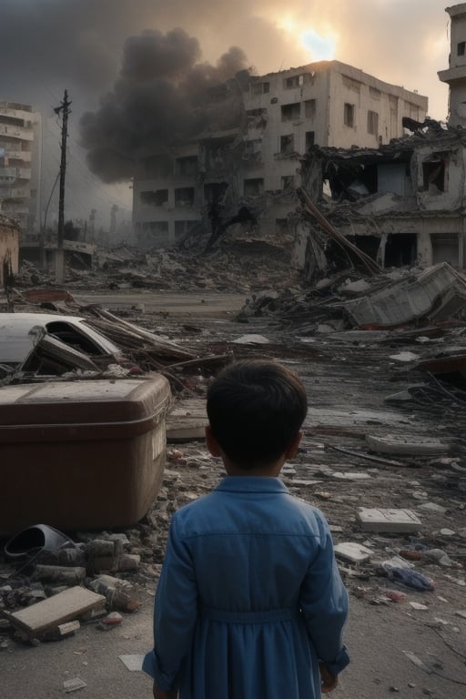 8K, UHD, wide angle shot, photo-realistic, cinematic, \Crisis, explosions, tragedy, Masterpiece, intense destruction scene with dark atmosphere, dramatic lighting, destroyed crumbled buildings, panicked civilians, a sense of imminent danger, unsettling and immersive image that captures the chaos and terror of children, a group of arabic children in tattered clothes, bloody war, extremely complex, extremely impressive with intricate details