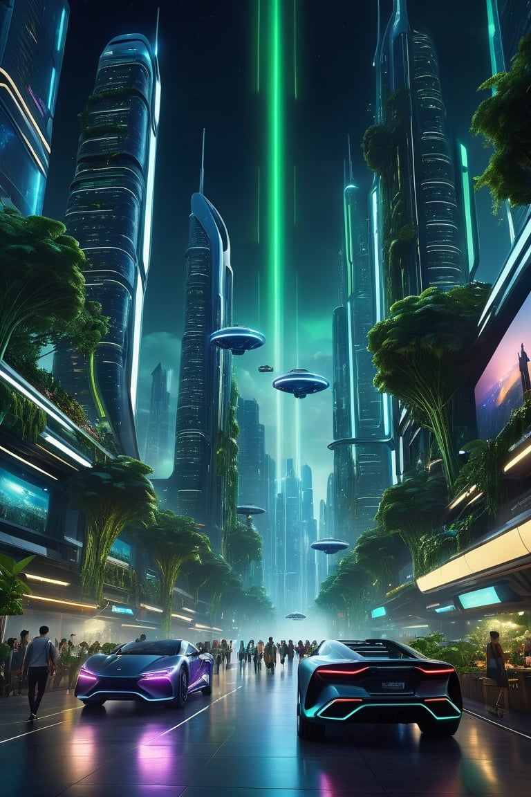 8K, UHD, cinematic, photo-realistic, 3/4 perspective view, world where technology and nature intertwine seamlessly, (flying vehicles:1.1) futuristic metropolis, skyscrapers adorned with verdant greenery, people walking in street, organic and synthetic structures, holographic interfaces float in the air, skyline symphony of neon and bioluminescence, dark night environment, night scenes, atmospheric mist,xxmixgirl,mj