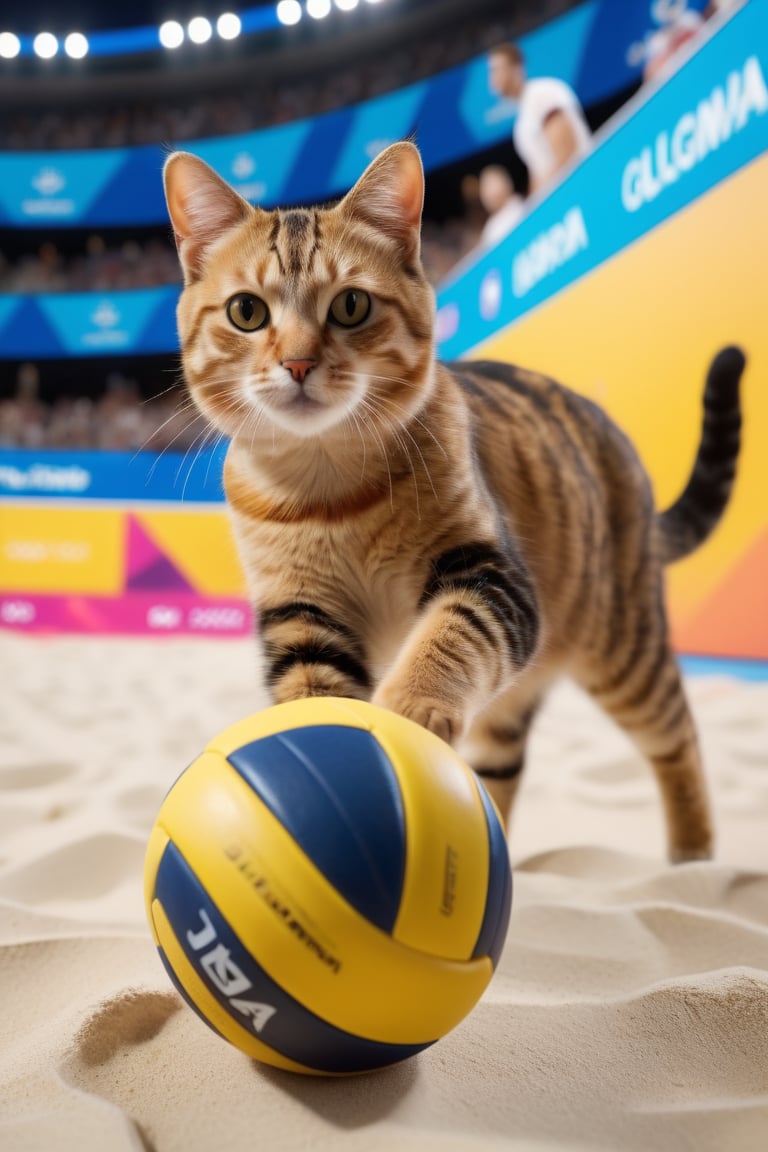 8K, UHD, low-angle perspective, panoramic, photo-realistic, first-person view, cinematic,  cats competing in olympics 2024 volleyball
