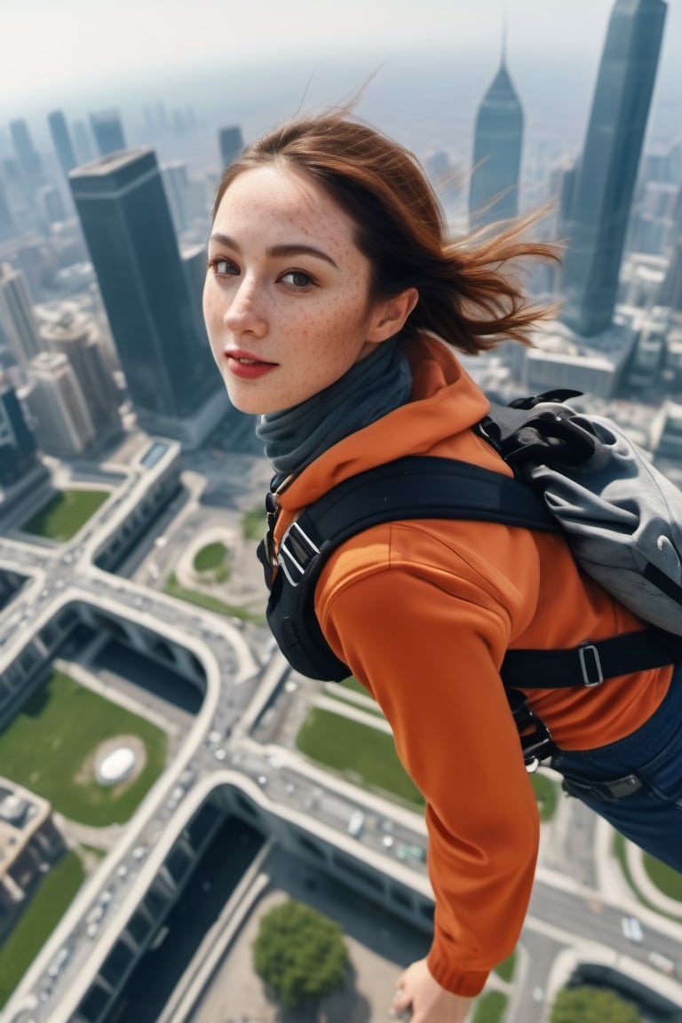 8K, UHD, wide aerial view, photo-realistic,  detailed freckled face, best quality, attractive girl skydiver, breathtaking leap backwards from skyscapers, spy movie background cityscape, xxmixgirl