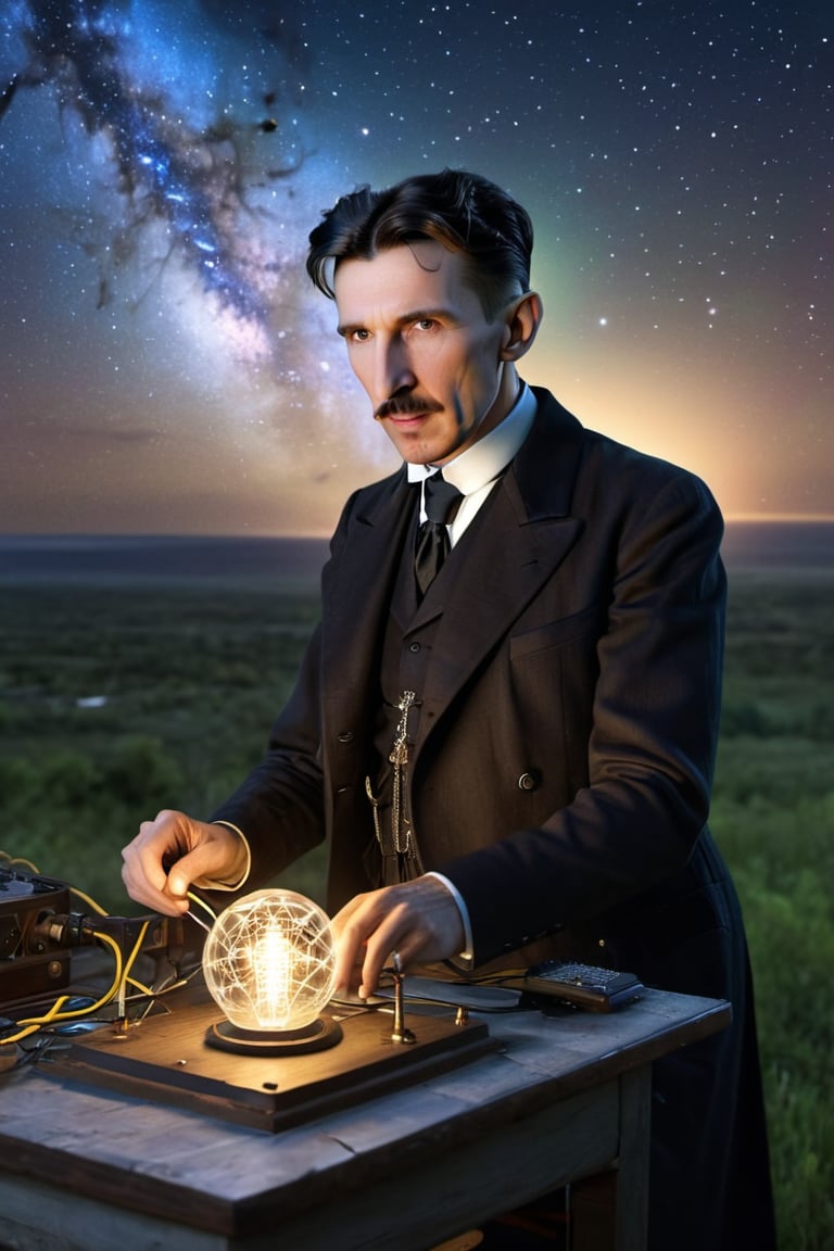8K, UHD, wide-angle perspective, photo-realistic, realistic skin texture and natural skintone, cinematic, photo of (Nikola Tesla:1.2) experimenting with frequencies, testing the earth's ether, Wardenclyffe Towers passing electricity wirelessly, auroras in earths ionosphere, night skies, amazing lights, transmitting energy,xxmixgirl