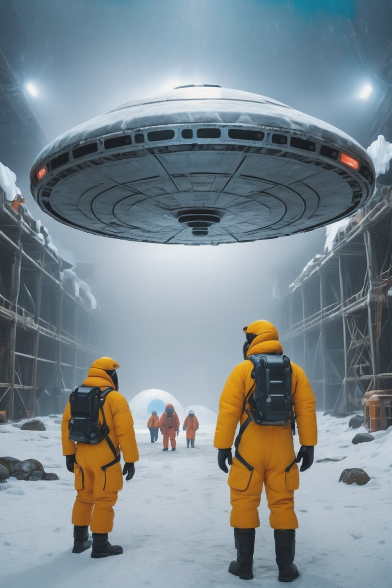 8K, UHD, wide-angle perspective, photo-realistic, cinematic, dystopian misty skies, explorers and scientists in winter suit, antarctica secret underground hangar, giant UFO craft, strange secret undiscovered world, 