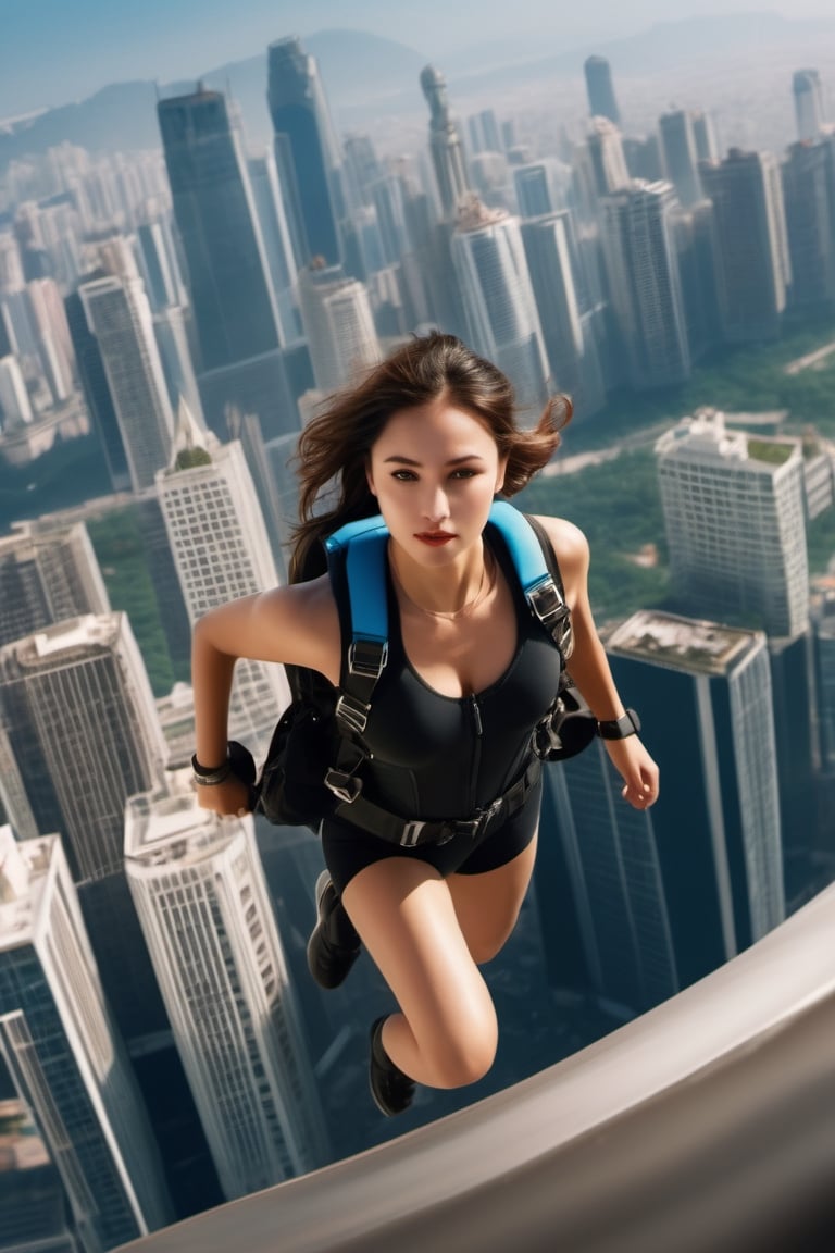 8K, UHD, wide aerial view, photo-realistic,  extremely detailed, best quality, high-resolution, attractive girl commando skydiver, breathtaking leap from skyscapers, spy movie background cityscape, xxmixgirl