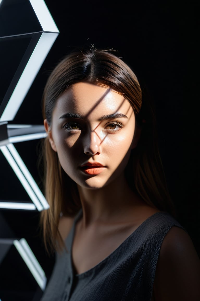 8K, UHD, Fujifilm XT1, angled perspective portraits, photo-realistic, show face only, detailed eyes, pretty girl in front of black background, (geometric light cast on face:1.2) geometrical harsh natural highlights on face, intense sunlight shining through geometrical shapes casting light shadows