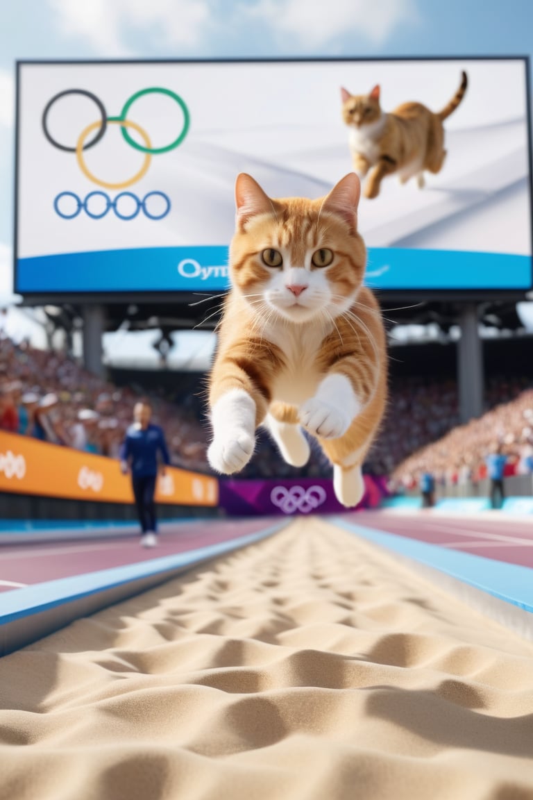 8K, UHD, low-angle perspective, panoramic, photo-realistic, first-person view, cinematic, olympics cats competing in long jump, olympics billboards, crowd in background blur