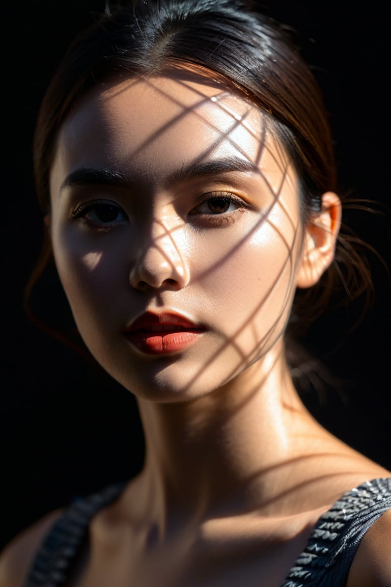 8K, UHD, Fujifilm XT1, angled perspective portraits, photo-realistic, show face only, pretty girl in front of black background, (shapes light cast on face:1.1) geometrical harsh natural highlights on face, intense sunlight shining through geometrical circular pattern template casting light shadows