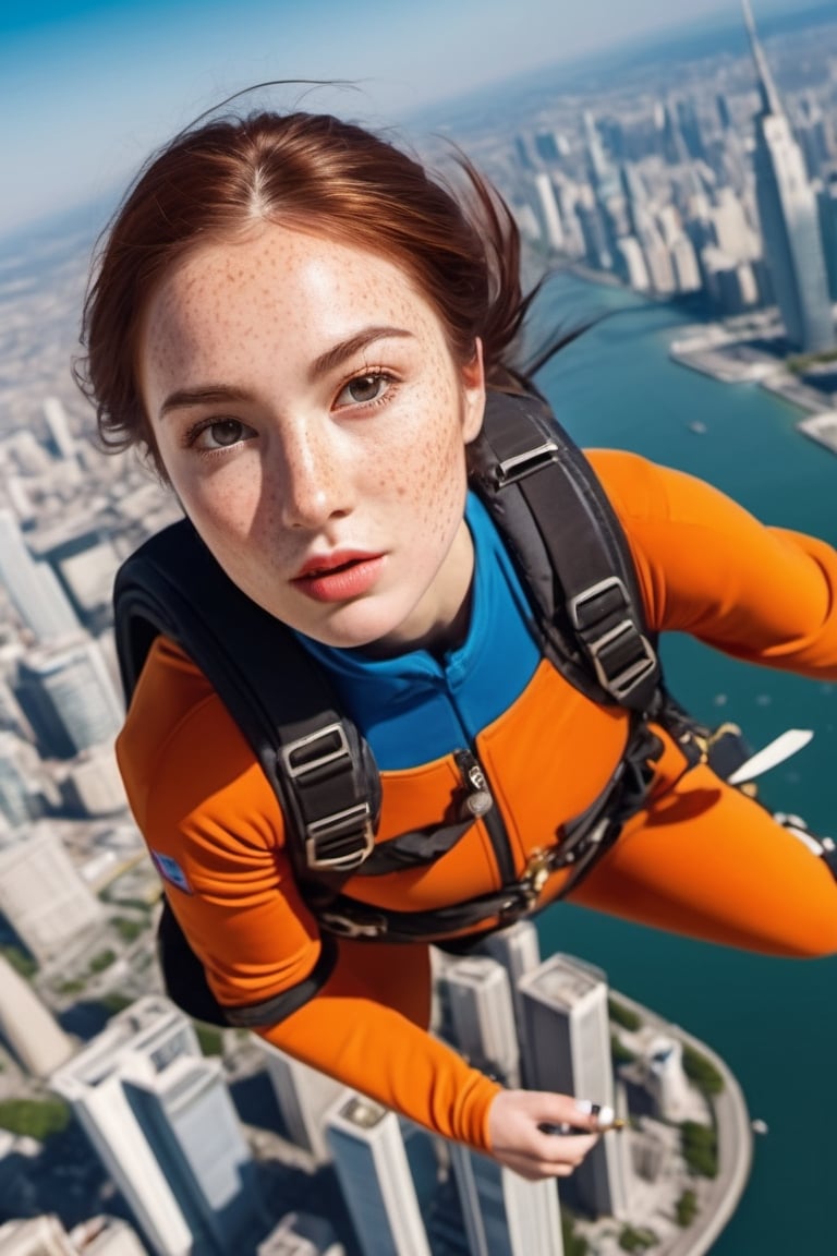 8K, UHD, wide aerial view, photo-realistic,  detailed freckled face, best quality, attractive girl skydiver, breathtaking leap from skyscapers, spy movie background cityscape, xxmixgirl