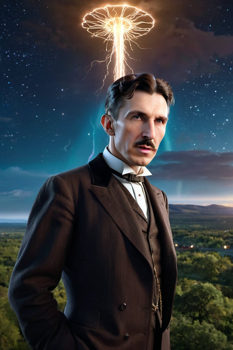 8K, UHD, wide-angle perspective, photo-realistic, realistic skin texture and natural skintone, cinematic, Nikola Tesla, experimenting with frequencies, Wardenclyffe Towers passing electricity wirelessly, testing the earth's ether,  auroras in earths ionosphere, night skies, amazing lights, transmitting energy in the air