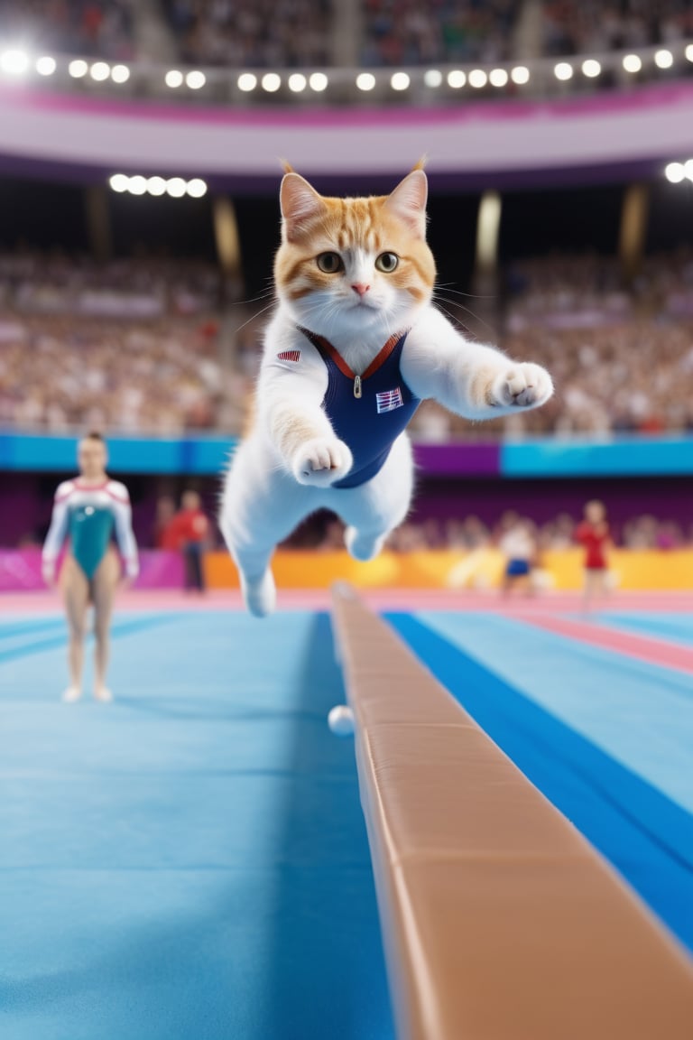 8K, UHD, low-angle perspective, panoramic, photo-realistic, first-person view, cinematic, olympics cats competing in gymnastics, crowd in background blur