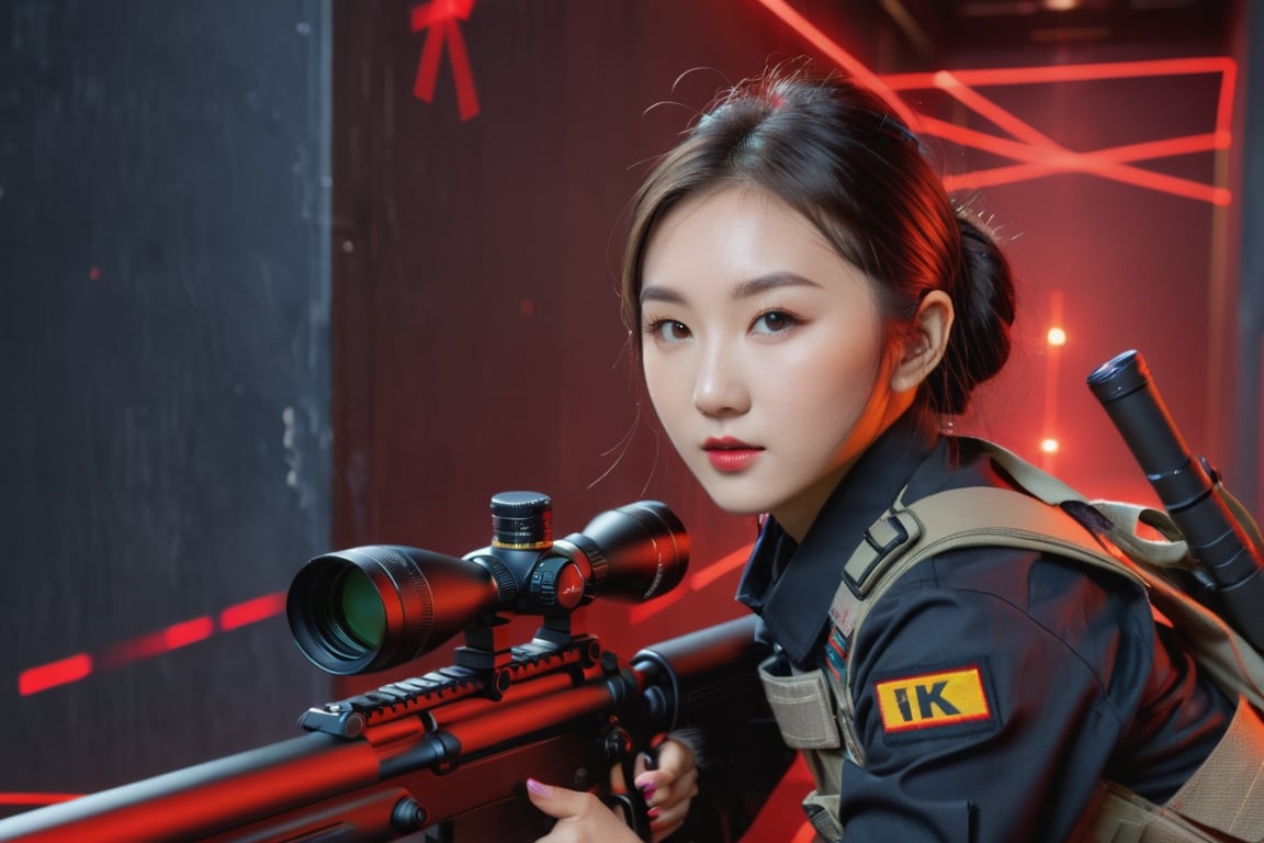 8k uhd, dslr, high quality, film grain, Fujifilm XT3,  (asian girl aiming a sniper rifle:1.3), bullets flying, short gray hair, black paramilitary uniform, dark wall interiors, (Hall with a large amount of red laser streaks:1.1),(corridor with A lot of lasers criss-crossing:1.1) (Hallway with random red laser streaks:1.1), massive explosions,(photorealistic photo: 1.1), vivid colors, bokeh, warm color palette, dramatic lighting, no smile