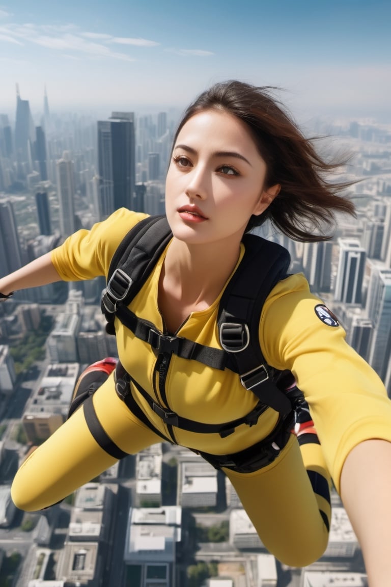 8K, UHD, wide aerial view, photo-realistic,  extremely detailed, best quality, high-resolution, attractive girl commando skydiver, breathtaking leap from skyscapers, spy movie background cityscape, xxmixgirl