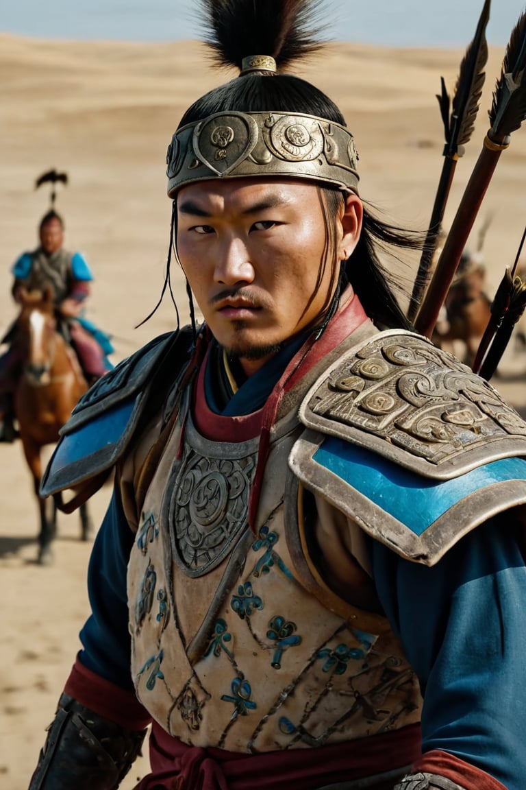 8K, UHD, panaromic shot, photo-realistic, cinematic, dark light, dystopian lighting, photo of ancient mongolians, multiple mongol warriors, tanned skin, perfect composition, detailed intricate ancient mongolian fashion, fighters shooting bows and arrows, swords, war scene, battle, detailed patterned headwear, fur, riding horses, sand volumetric, masterpiece, tents, charging on horses, gobi desert.