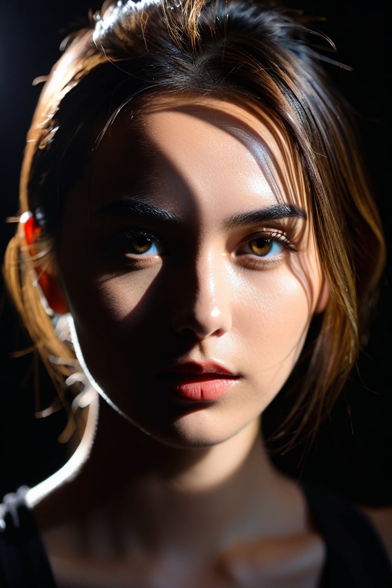 8K, UHD, Fujifilm XT1, angled perspective portraits, photo-realistic, show face only, detailed eyes, pretty girl in front of black background, (interesting shapes light cast on face:1.1) geometrical harsh natural highlights on face, intense sunlight shining through geometrical shape template casting light shadows