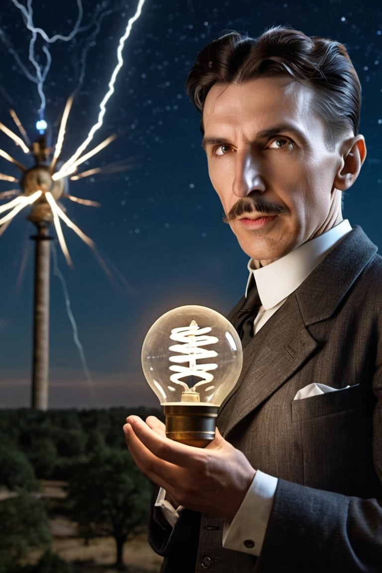 8K, UHD, wide-angle perspective, candid view, photo-realistic, realistic skin texture and natural skintone, cinematic, photo of (Nikola Tesla:1.2) experimenting with frequencies, testing the earth's ether, spherical-top Wardenclyffe Towers passing electricity wirelessly, auroras in earths ionosphere, night skies, amazing lights, transmitting energy, holding lightbulb, old world city
