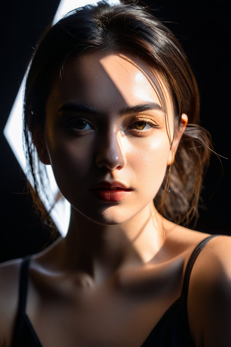 8K, UHD, Fujifilm XT1, angled perspective portraits, photo-realistic, show face only, detailed eyes, pretty girl in front of black background, (shapes light cast on face:1.1) geometrical harsh natural highlights on face, intense sunlight shining through geometrical shape template casting light shadows