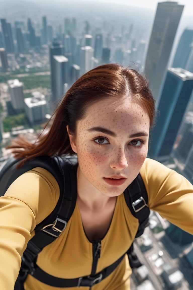 8K, UHD, wide aerial view, photo-realistic,  detailed freckled face, best quality, attractive girl skydiver, breathtaking leap from skyscapers, spy movie background cityscape, xxmixgirl